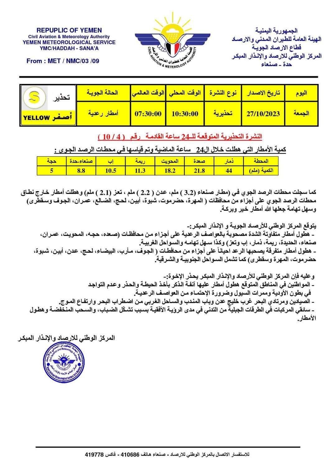 عاجل :هيئة الأرصاد تتوقع هطول أمطار على عدن وعدد من المحافظات