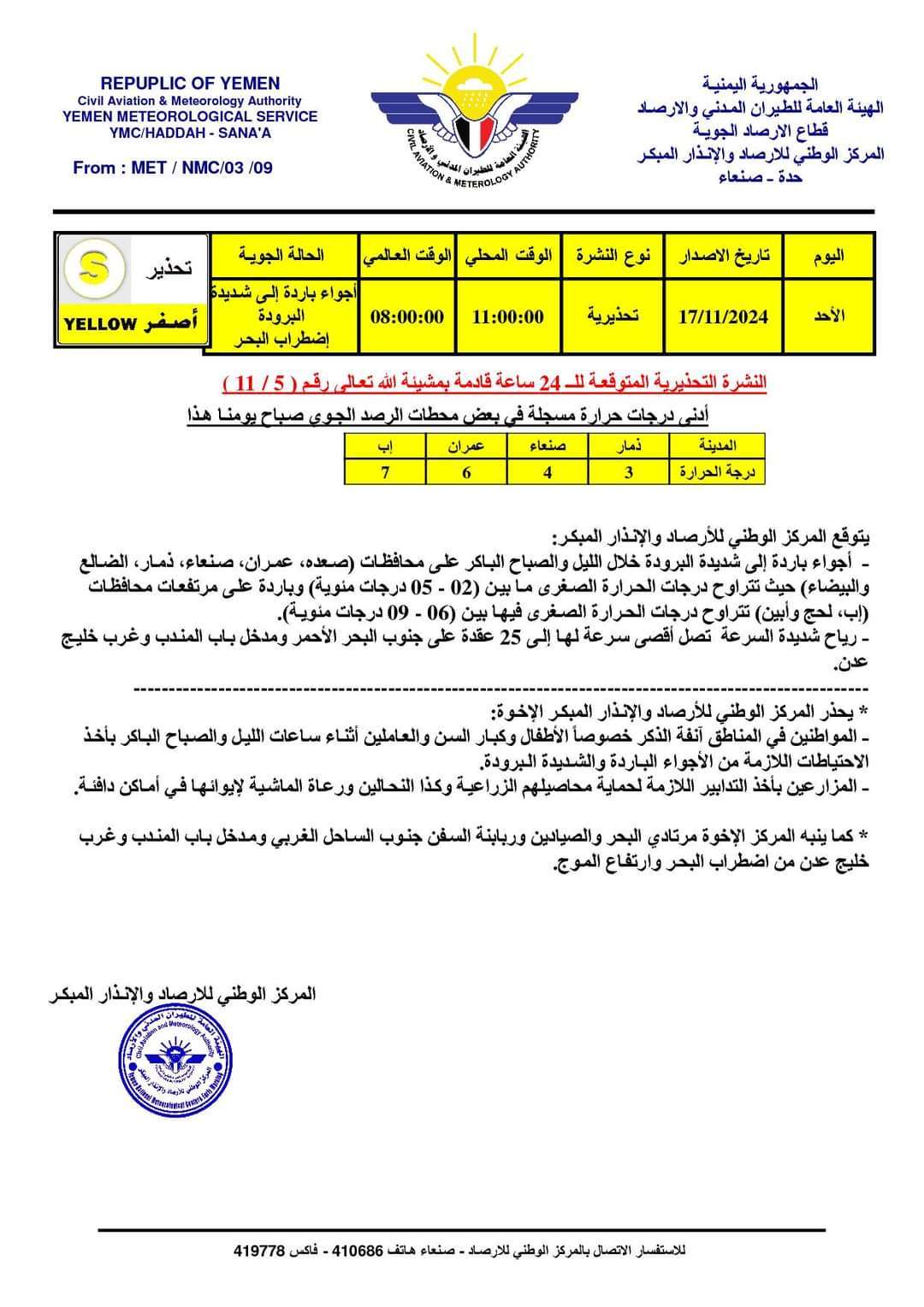 توقعات باجواء شديدة البرودة في عدد من المدن اليمنية